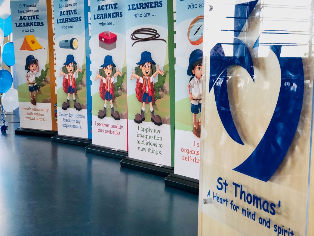 “Active Learners” banners highlighting learning behaviours at St Thomas school.